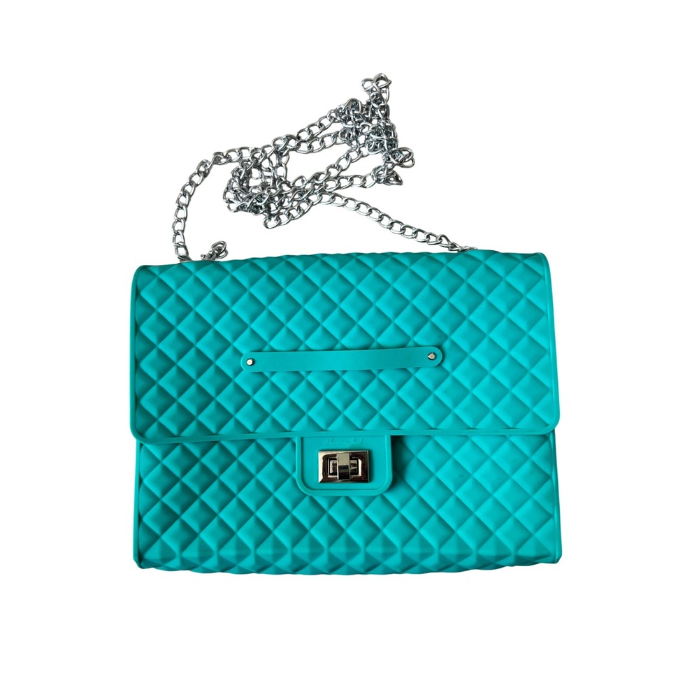 American Jewel Teal Green Quilted Jelly Bag Silver Chain Crossbody